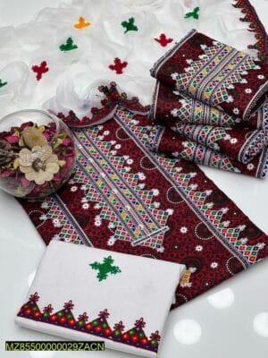 3pc Woman's Unstitched Cotton Embroidered Suit