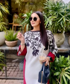 trendy women's stitched printed swiss lawn shirt and trouser set 2 pcs