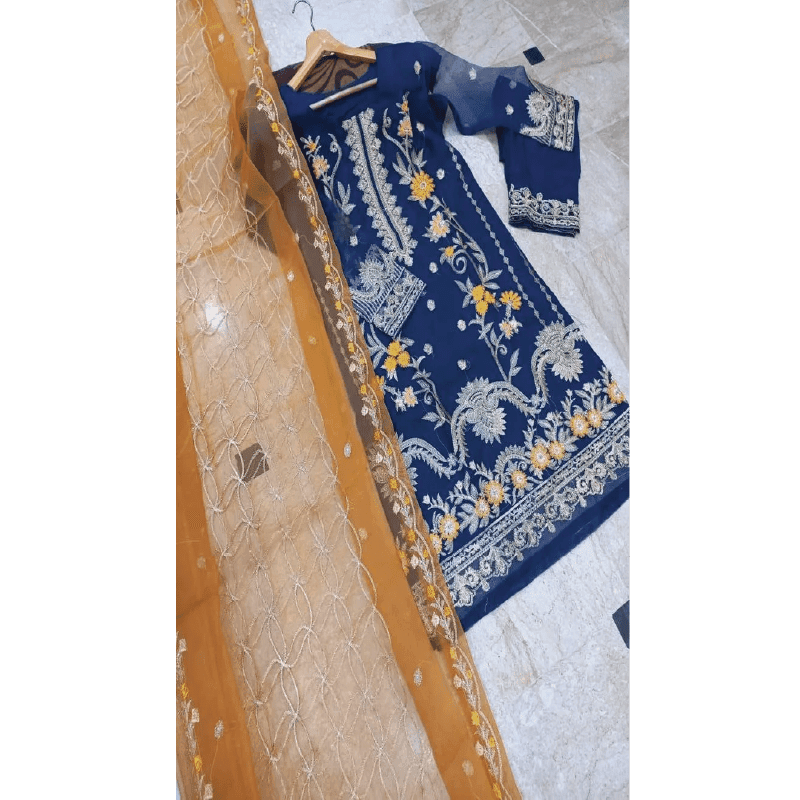 3 Pcs Women's Stitched Organza Embroidered Suit 3 pcs women